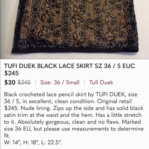 TUFI DUEK BLACK LACE SKIRT SZ 36 / S EUC $245 - Picture 6 of 6